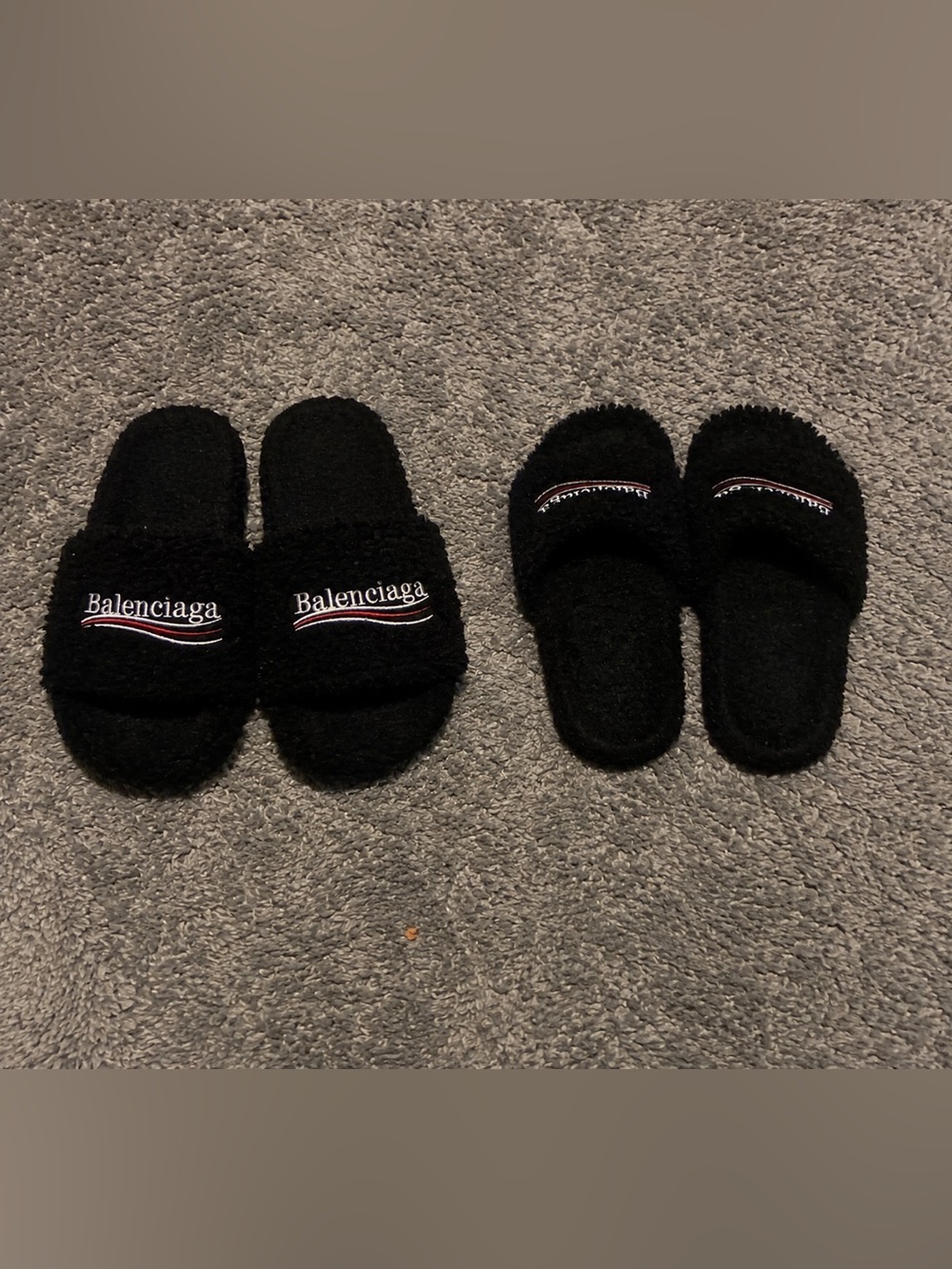 Balenciaga men’s Black Fuzzy Logo Slide Slippers